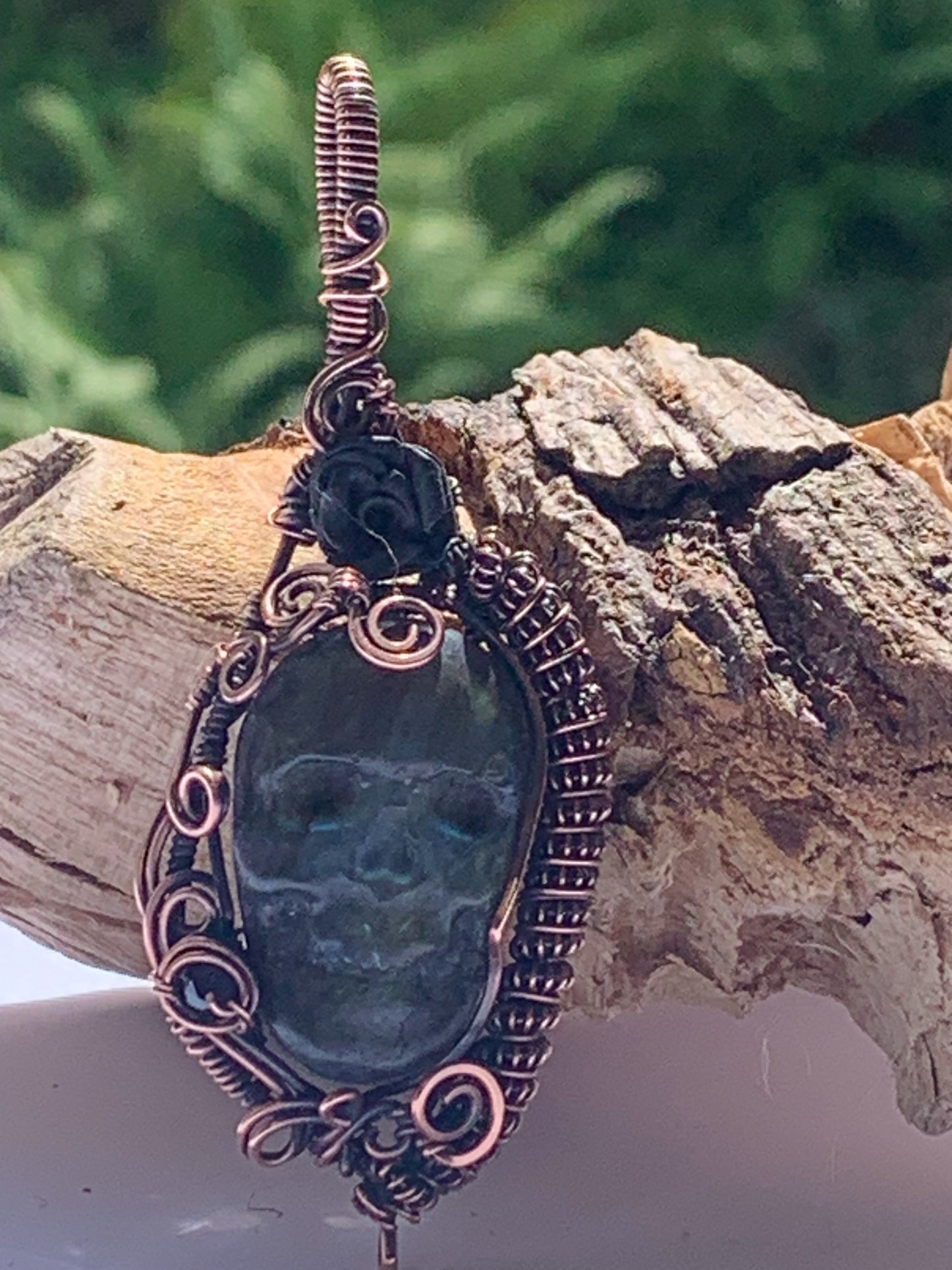 Carved Labradorite skull necklace