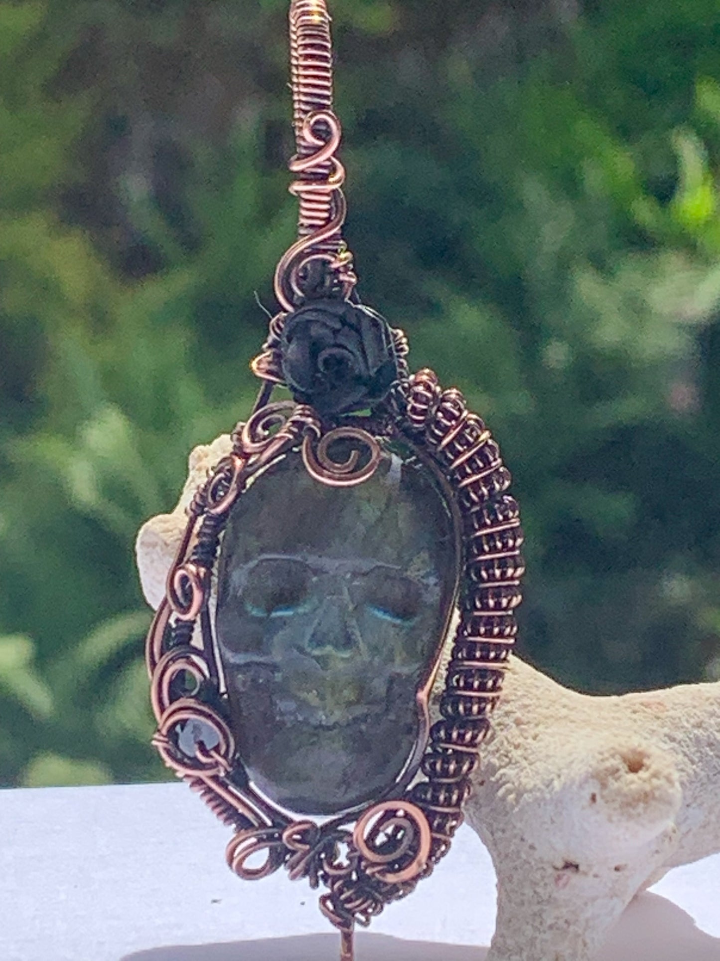Carved Labradorite skull necklace