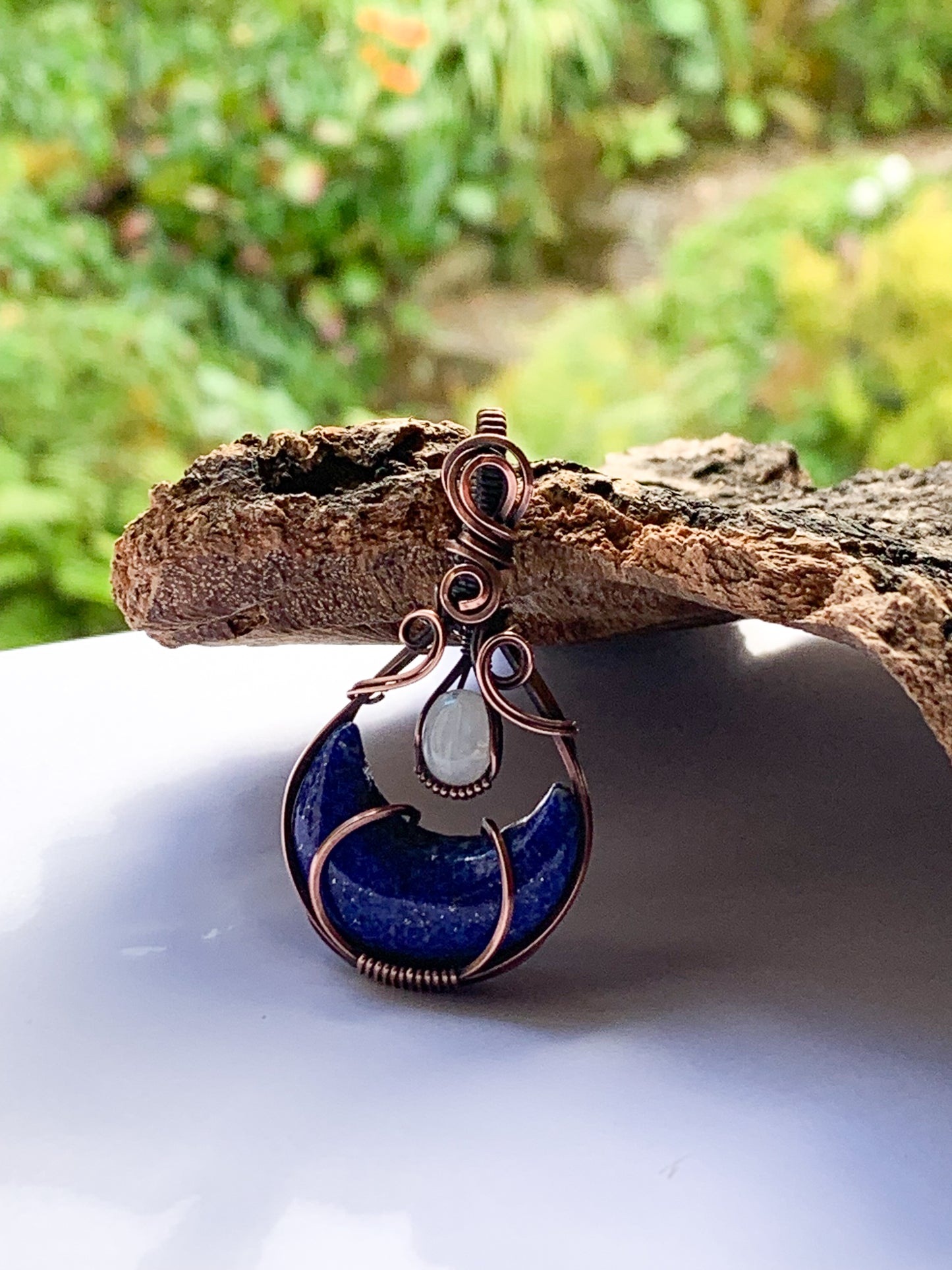 Lapis Lazuli moon necklace with Rainbow Moonstone