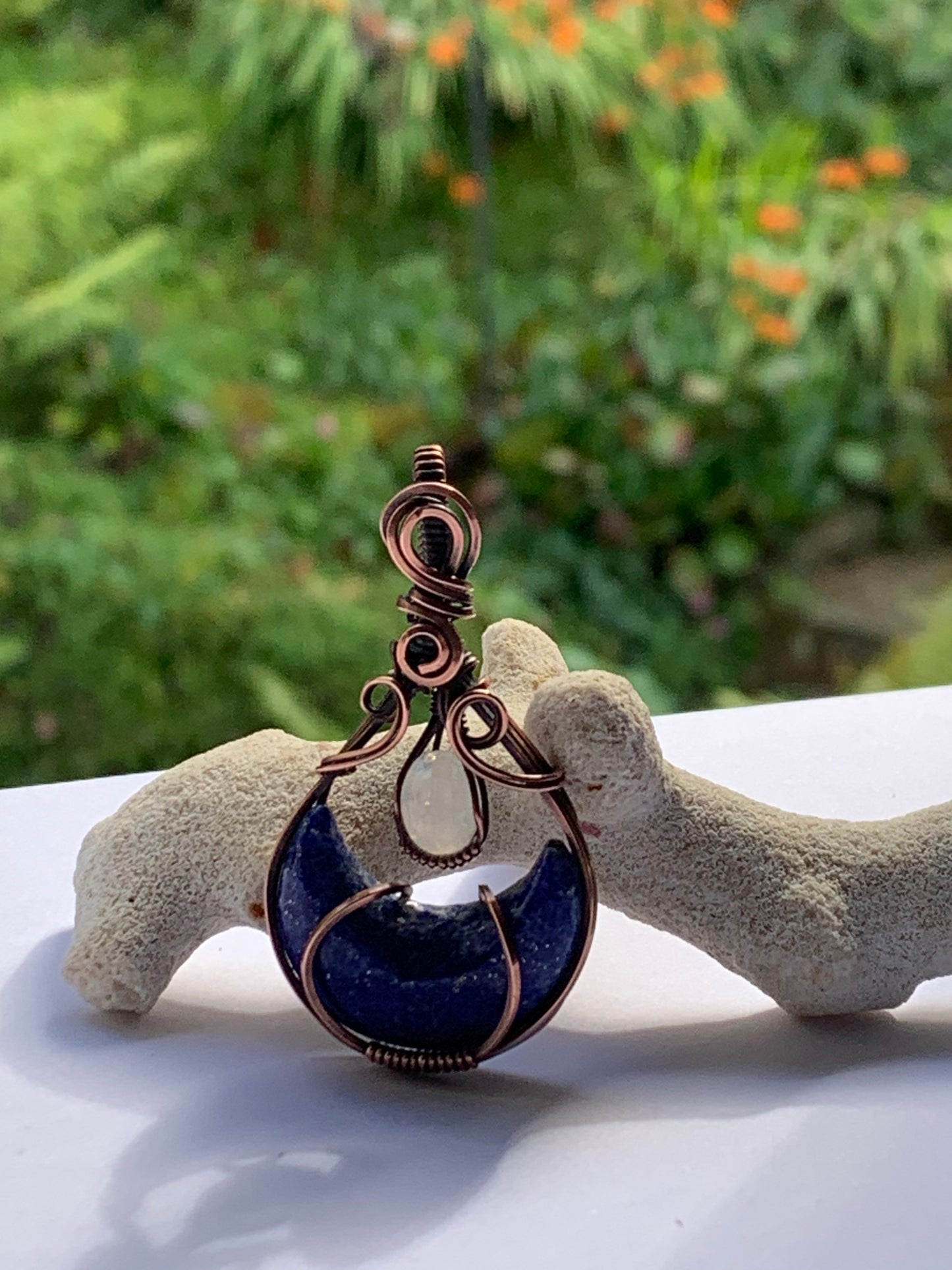 Lapis Lazuli moon necklace with Rainbow Moonstone
