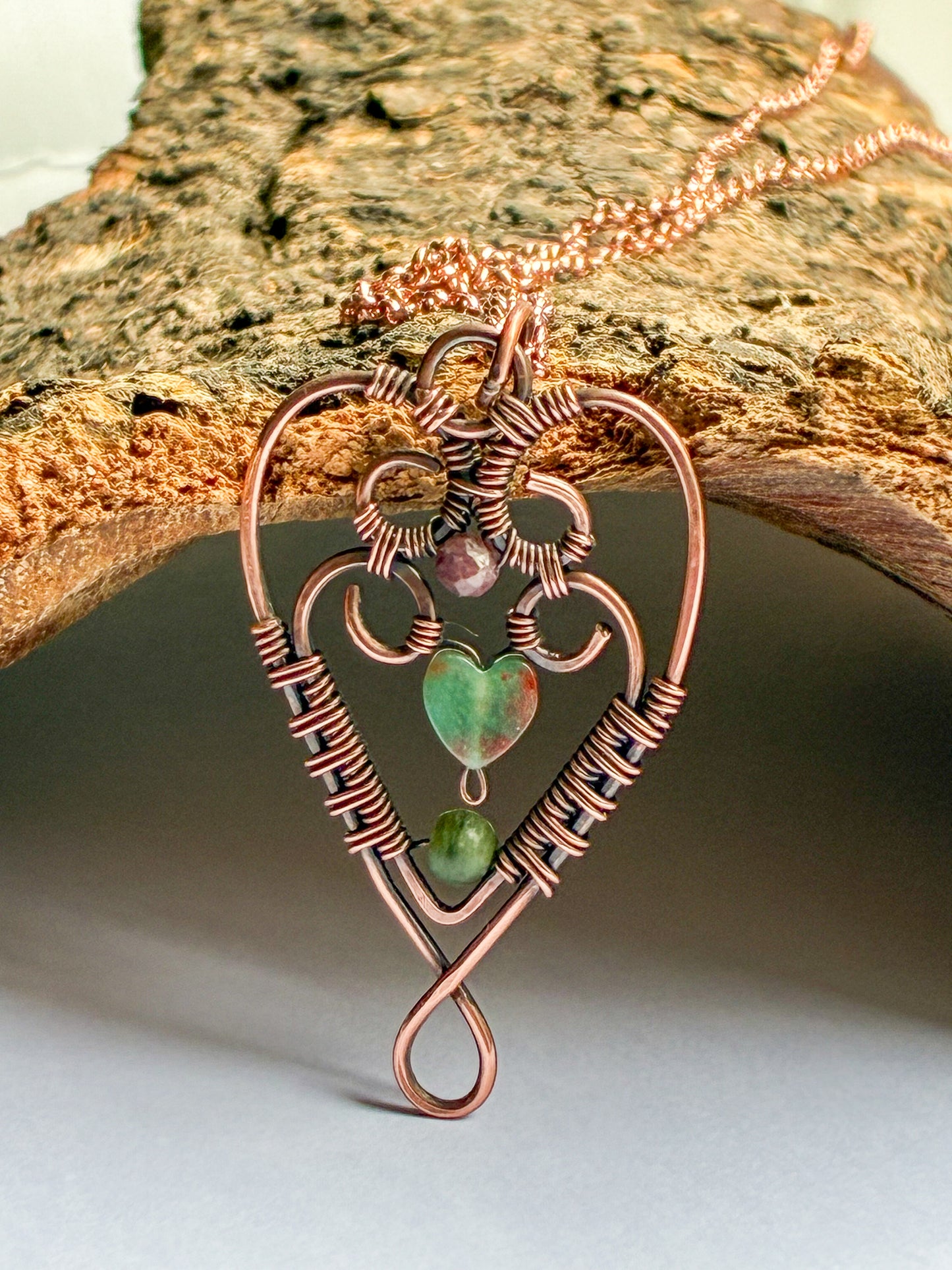 Chrysocolla, Jade and Ruby heart necklace