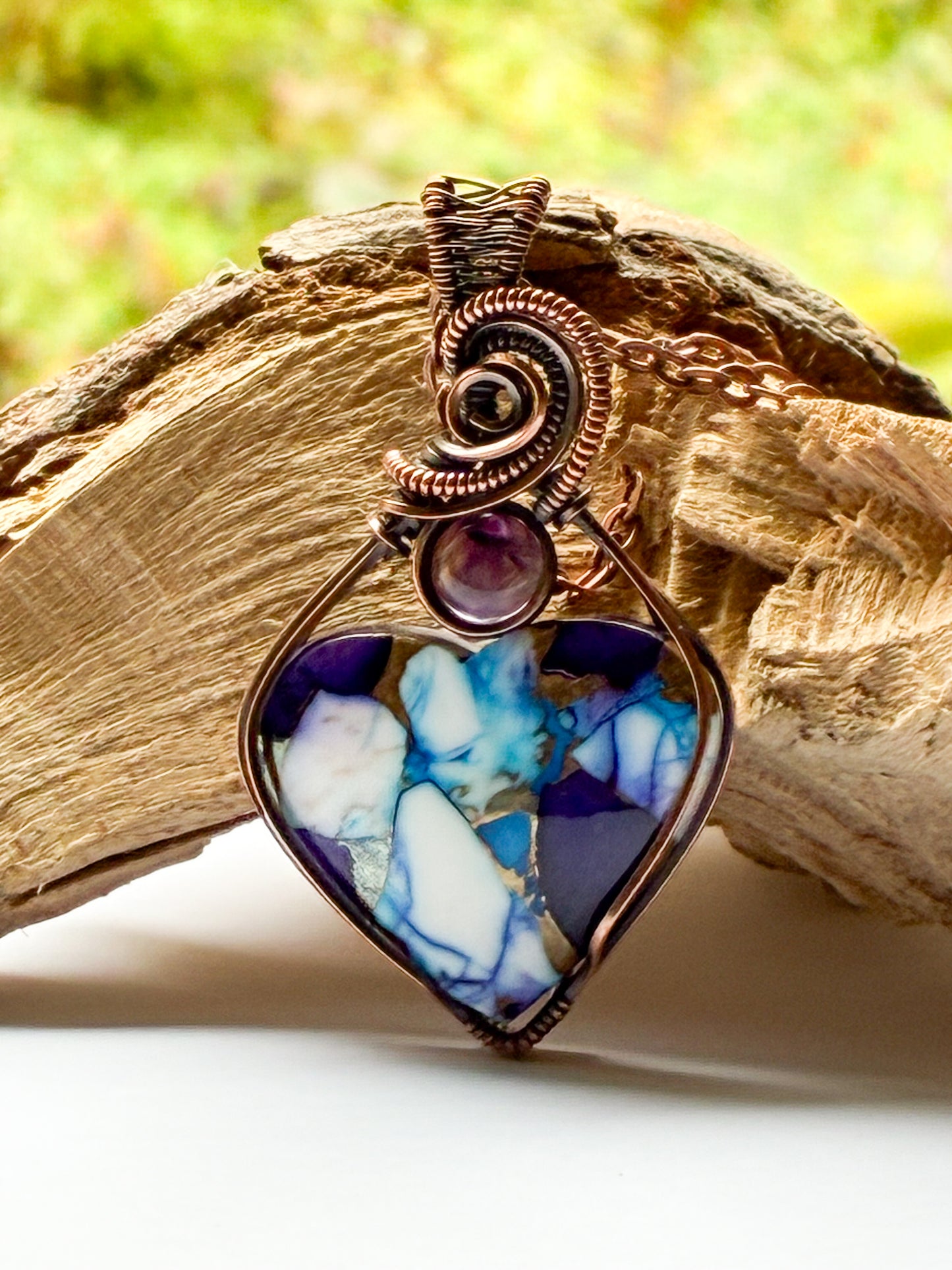 Ice Dahlia Mosaic with Amethyst heart necklace