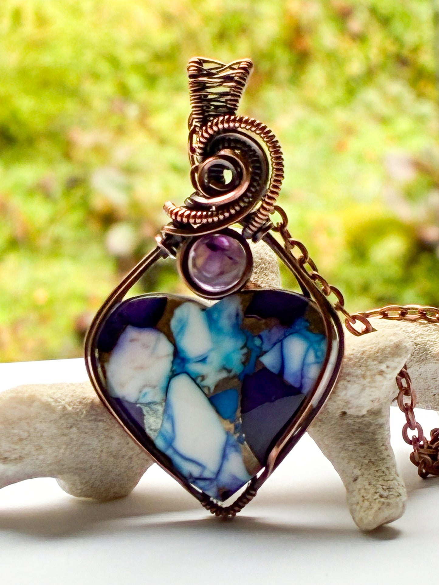 Ice Dahlia Mosaic with Amethyst heart necklace