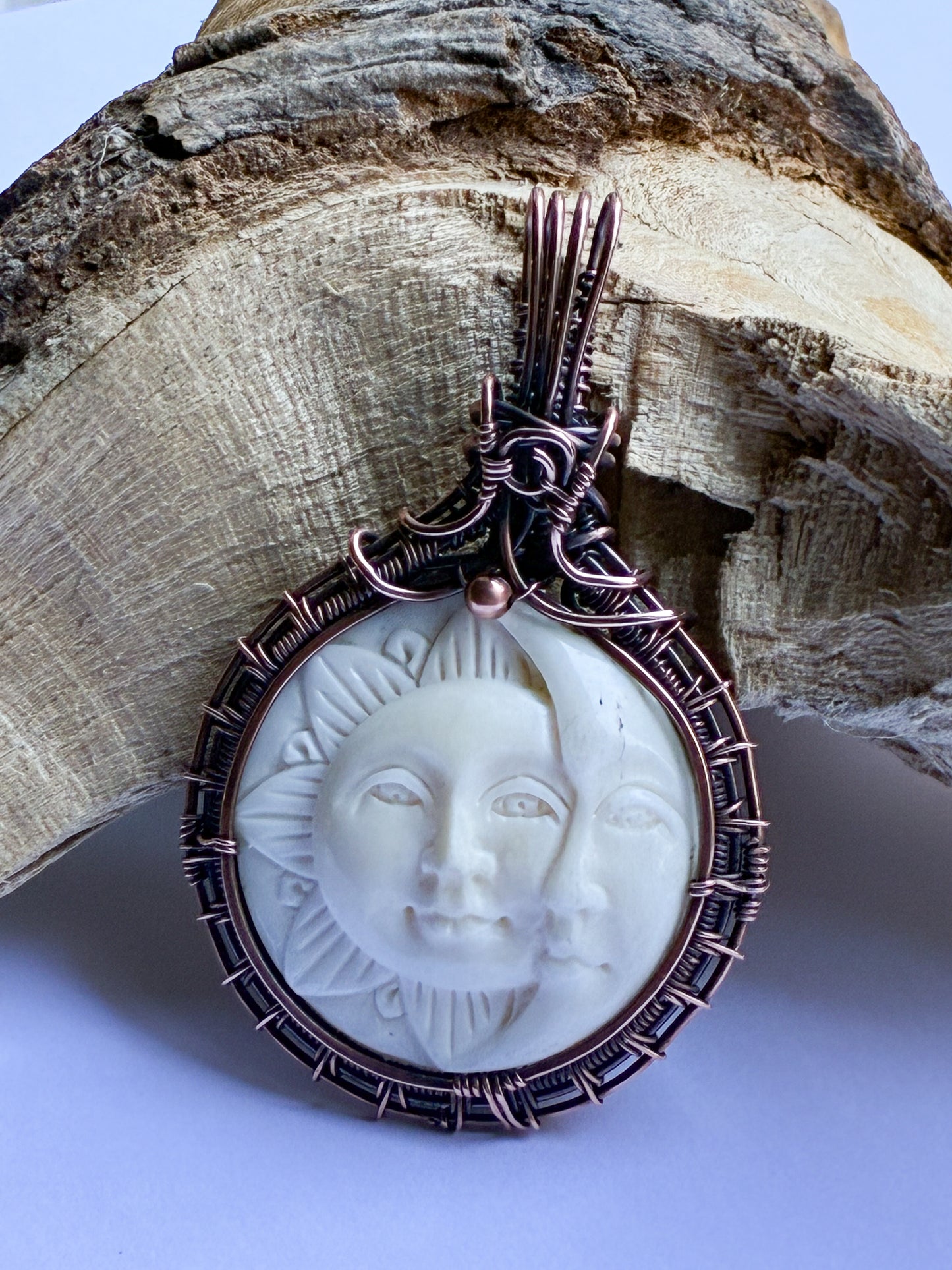 Carved Tibetan Yak Bone moon and sun necklace