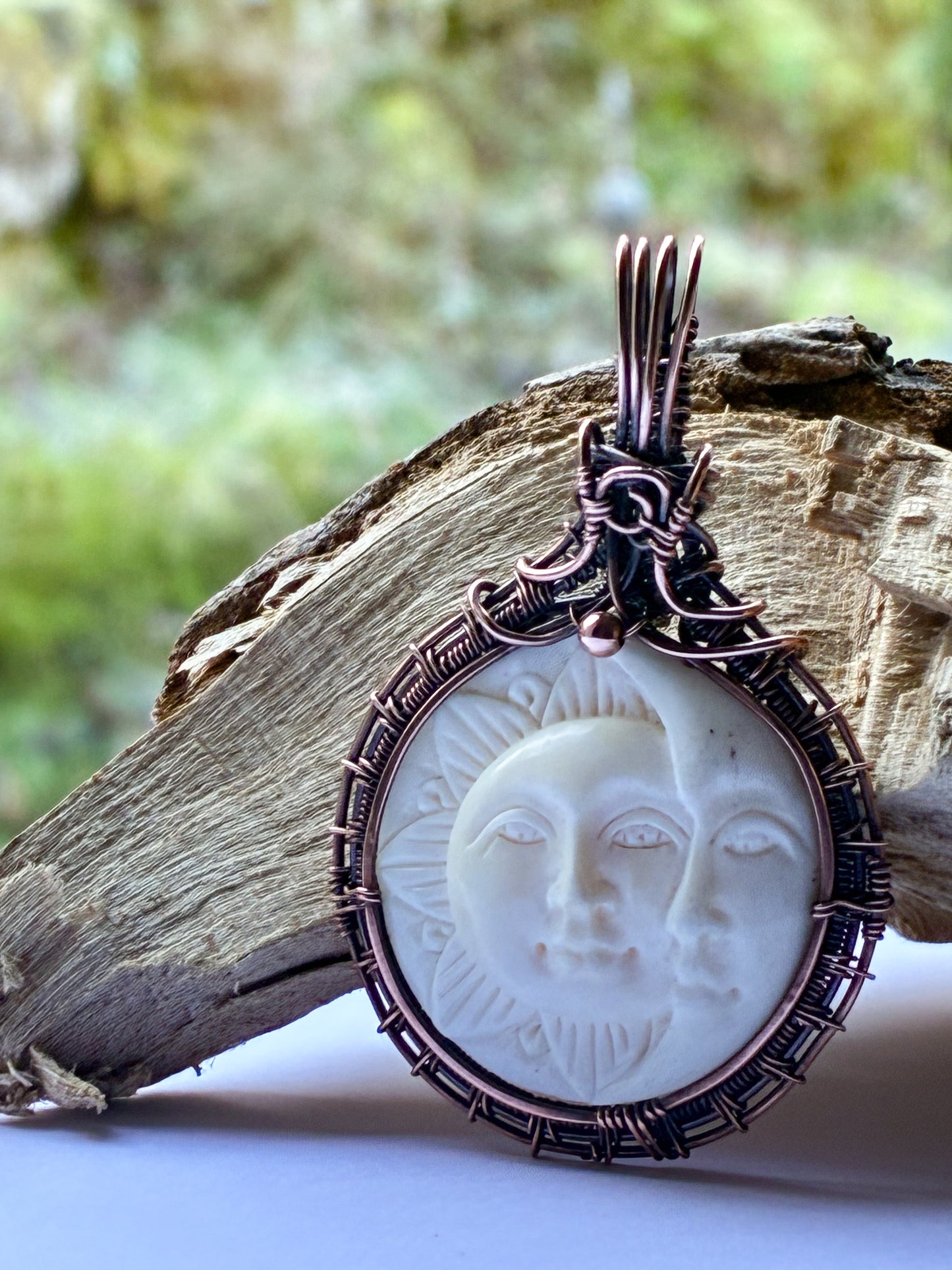 Carved Tibetan Yak Bone moon and sun necklace