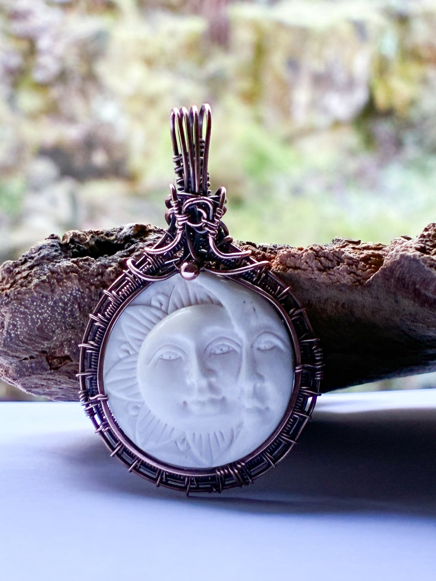 Carved Tibetan Yak Bone moon and sun necklace