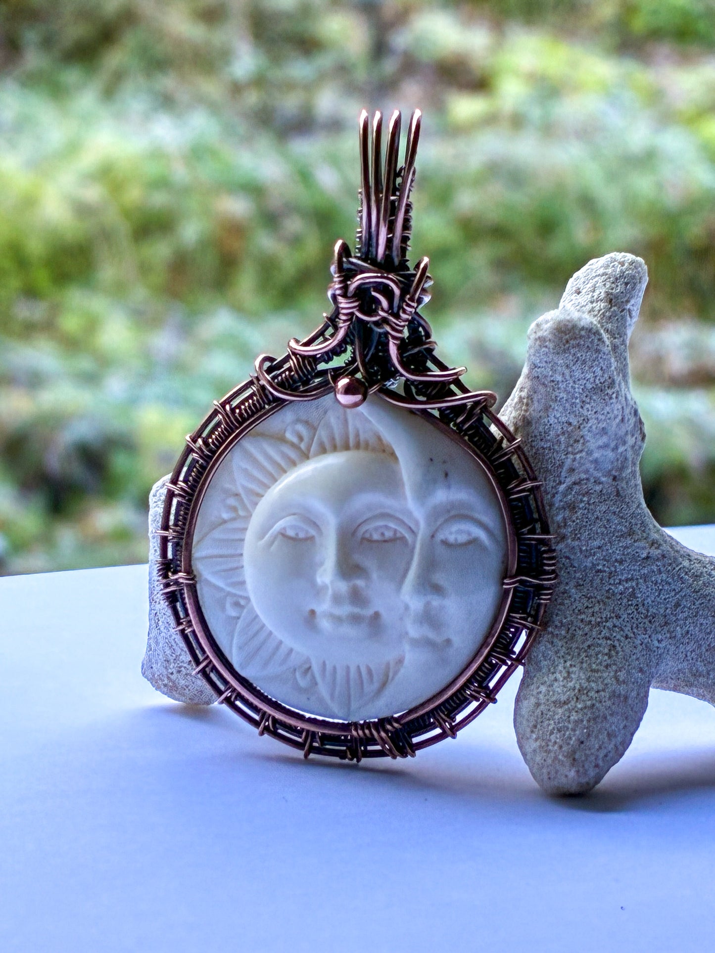 Carved Tibetan Yak Bone moon and sun necklace