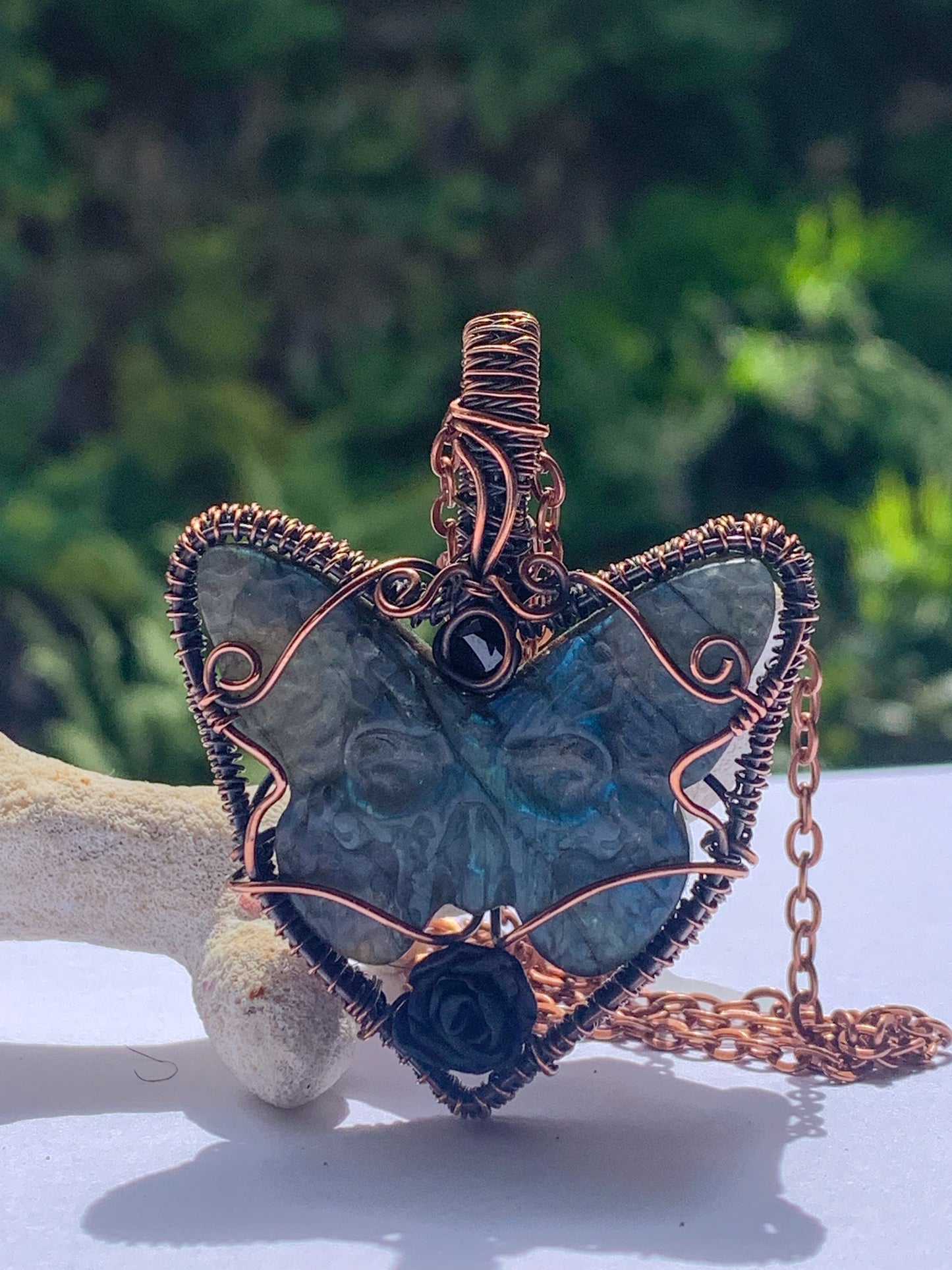Carved Labradorite Death's Head Hawkmoth necklace