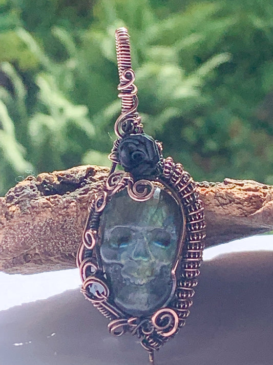 Carved Labradorite skull necklace