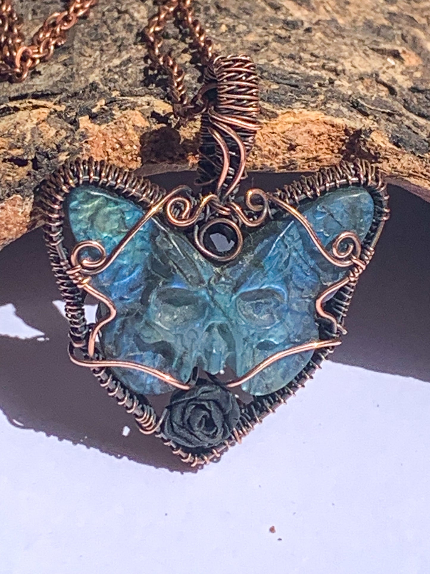 Carved Labradorite Death's Head Hawkmoth necklace
