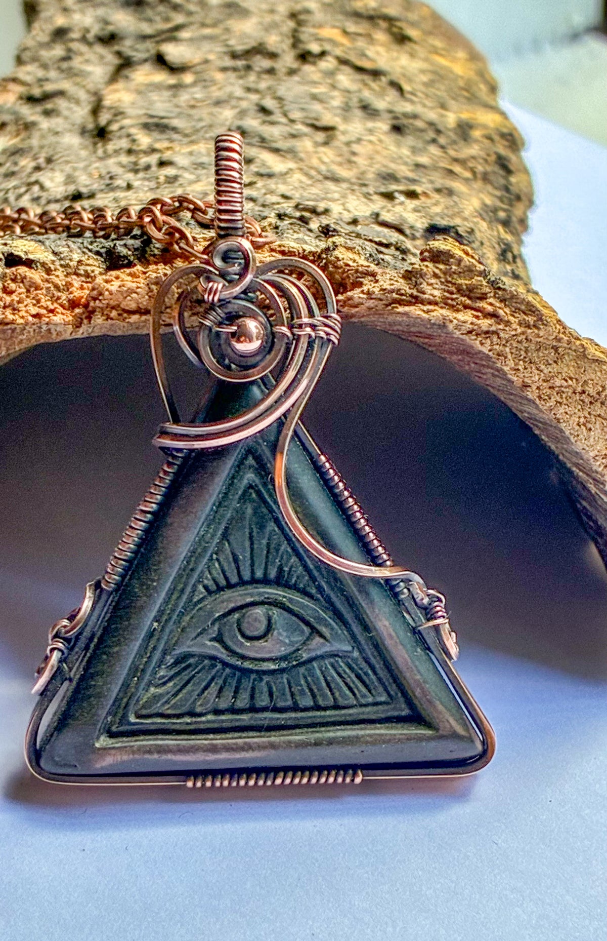 Gold Sheen Obsidian carved All Seeing Eye triangle necklace