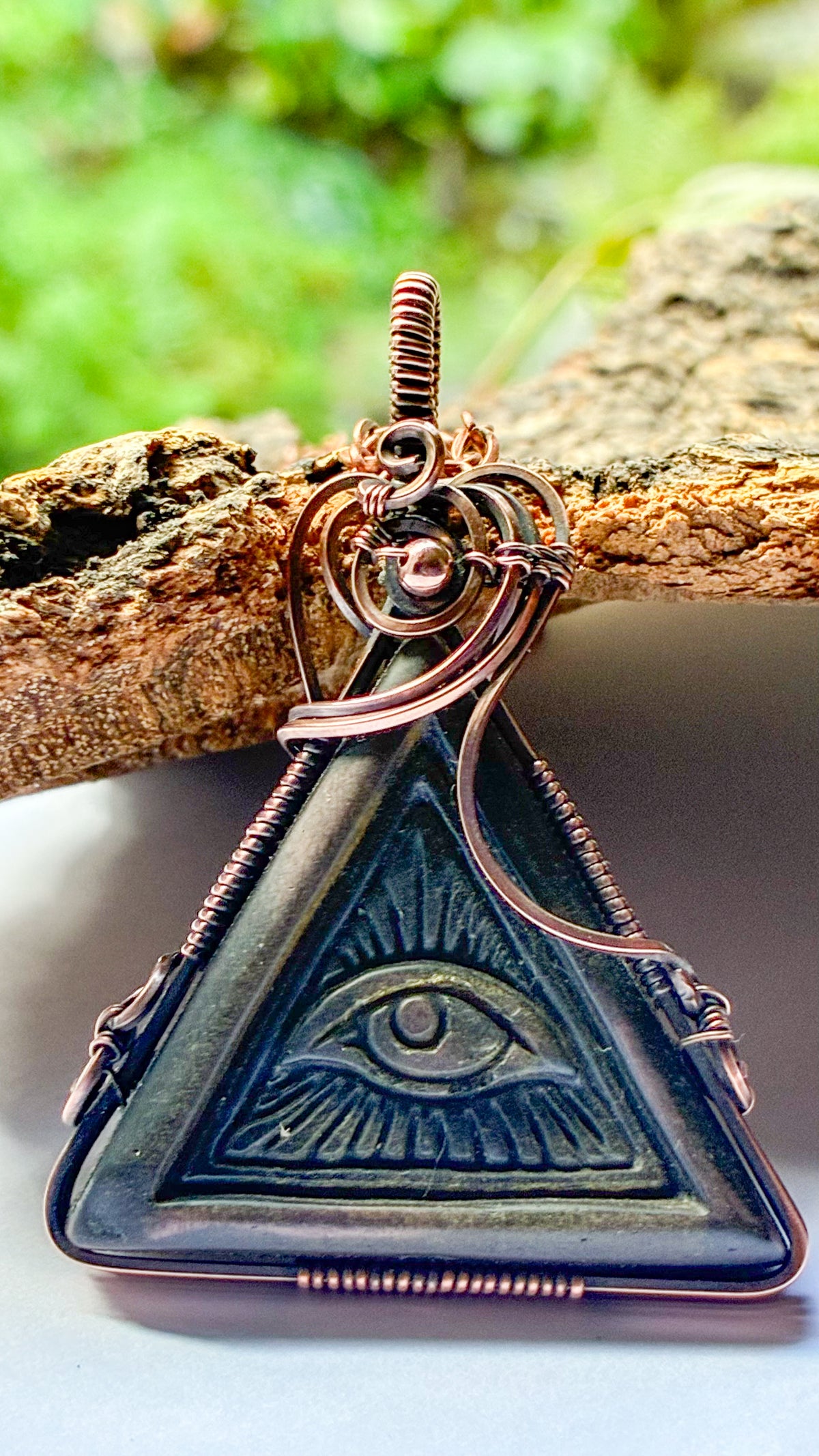 Gold Sheen Obsidian carved All Seeing Eye triangle necklace