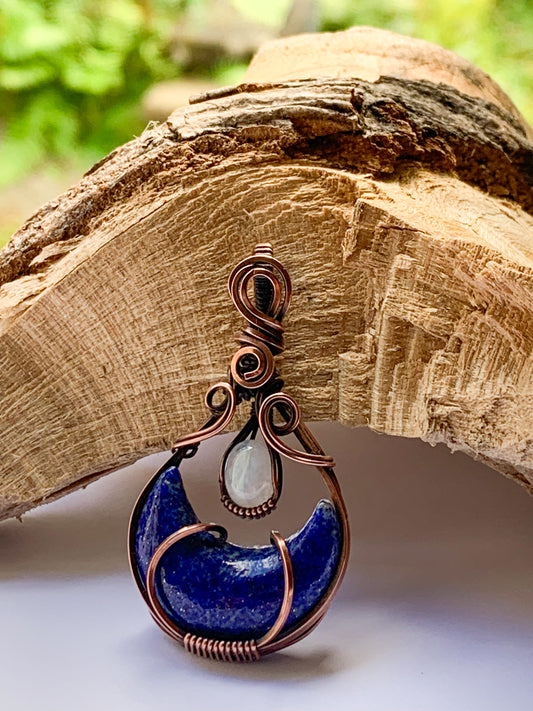 Lapis Lazuli moon necklace with Rainbow Moonstone