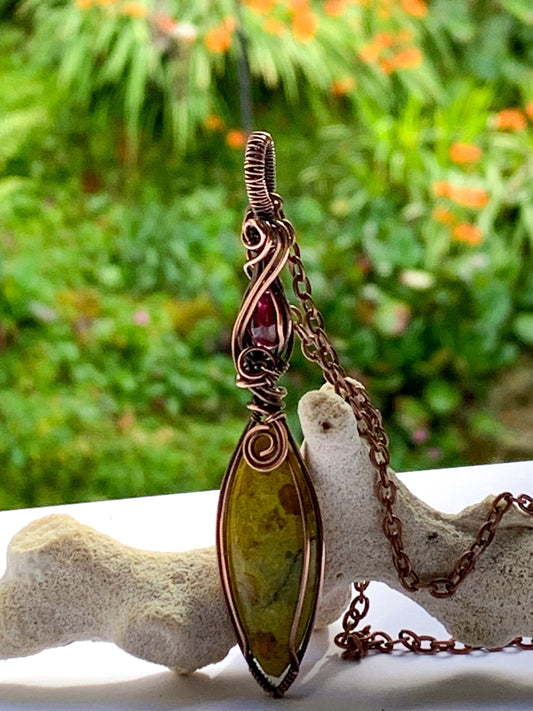Green Opal with Garnet necklace