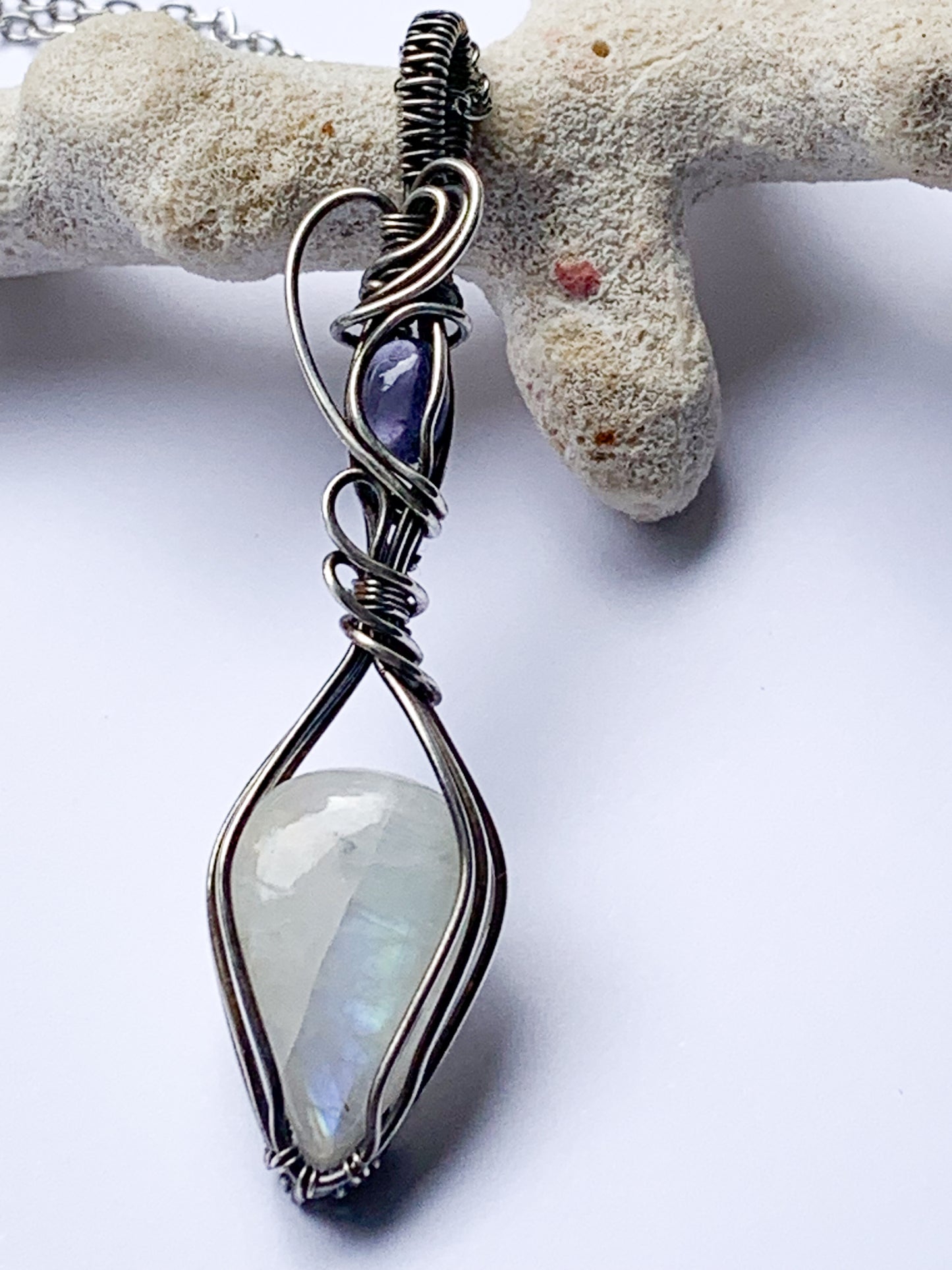 Rainbow Moonstone with Iolite necklace